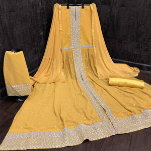 Mustard Embroidered With Embellished Georgette Straight Anarkali Suit - Peachmode