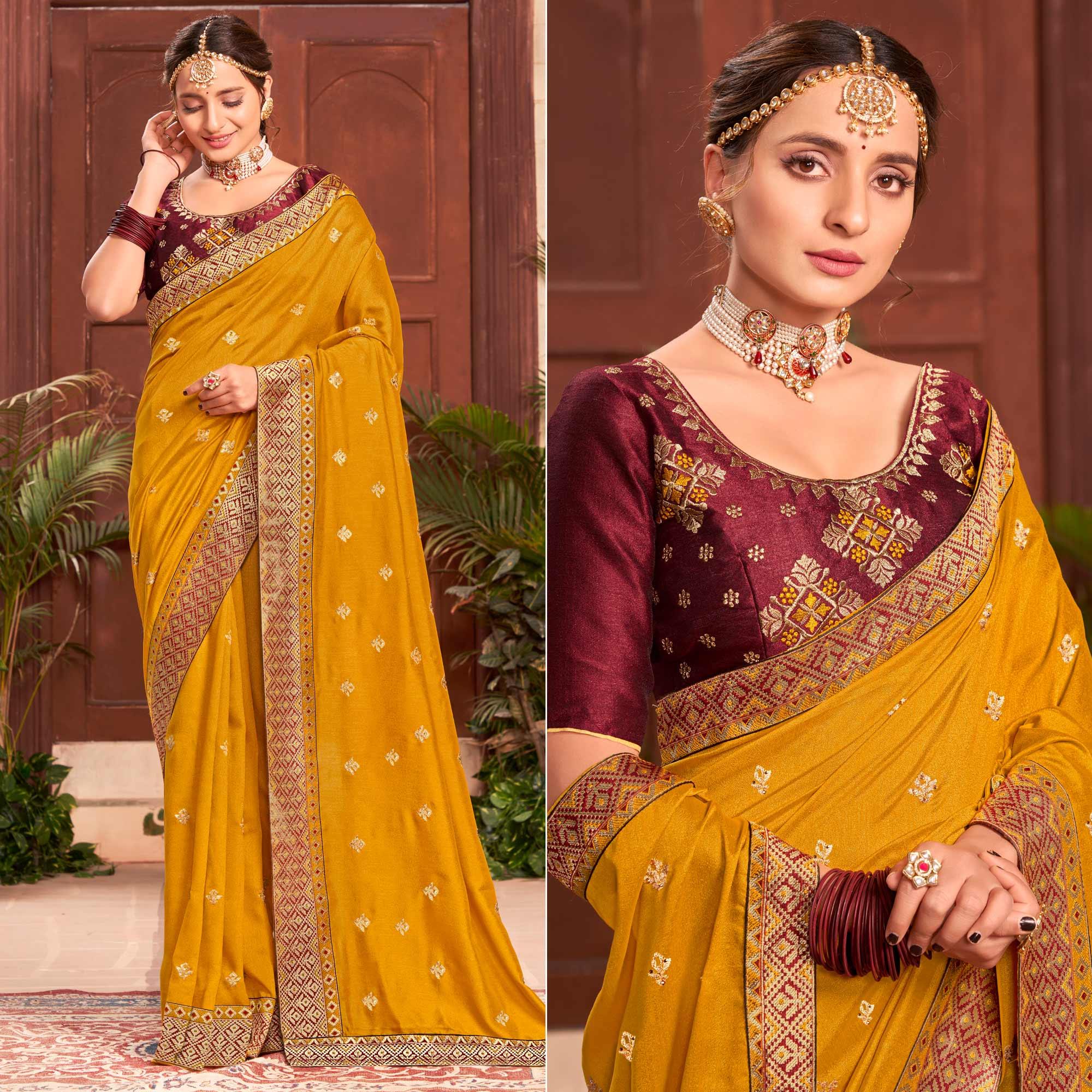 Mustard Embroidered With Embellished Vichitra Silk Saree - Peachmode