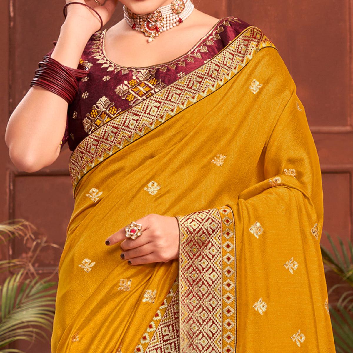 Mustard Embroidered With Embellished Vichitra Silk Saree - Peachmode
