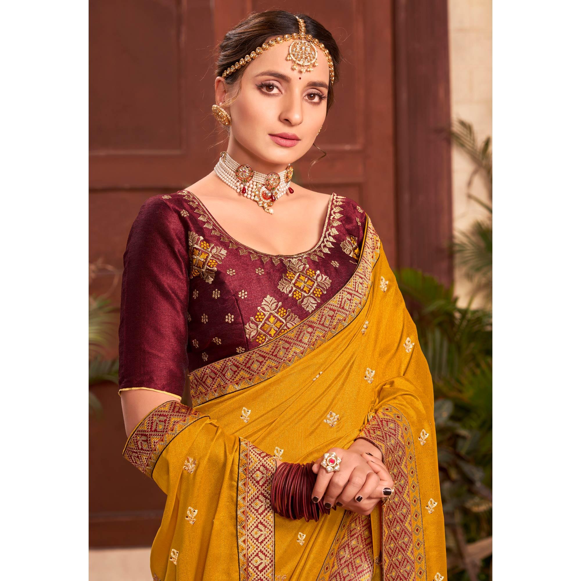 Mustard Embroidered With Embellished Vichitra Silk Saree - Peachmode