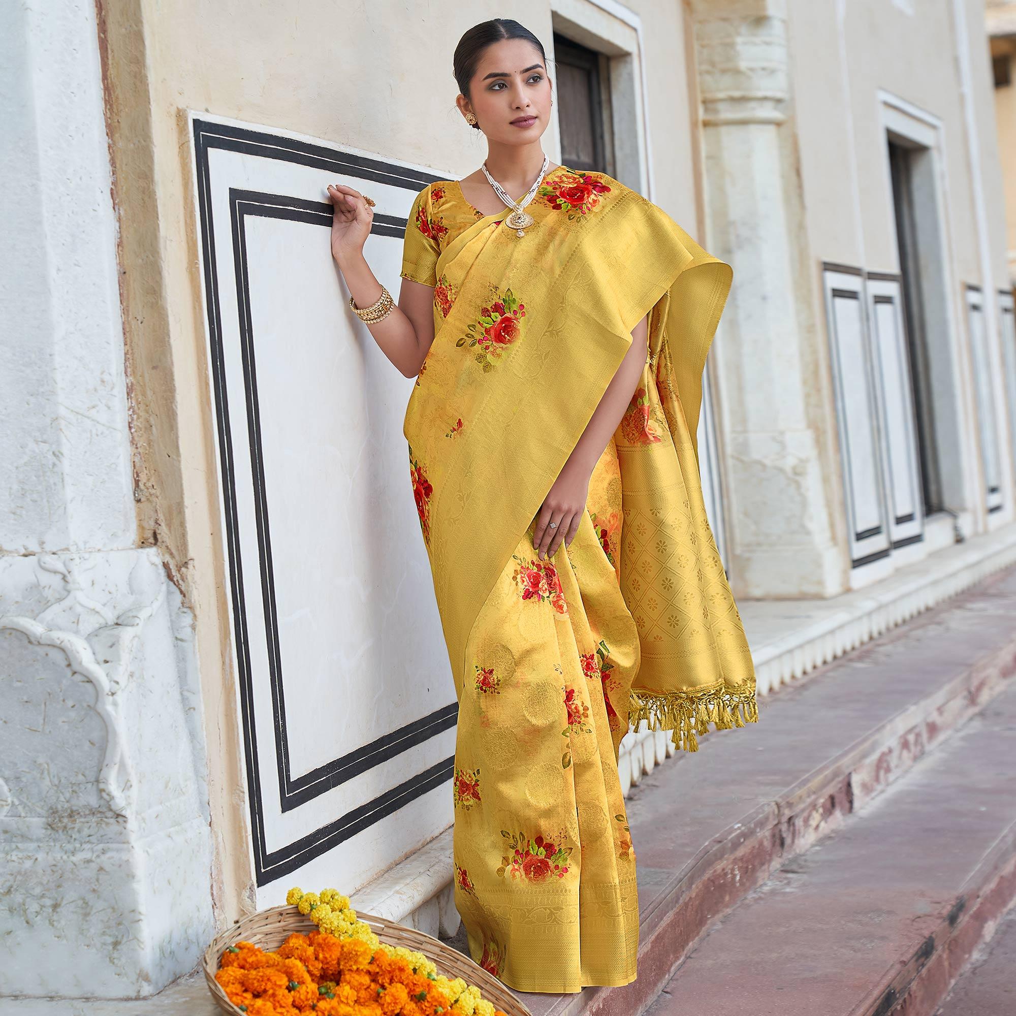 Mustard Festive Wear Digital Printed Jacquard Silk Saree - Peachmode
