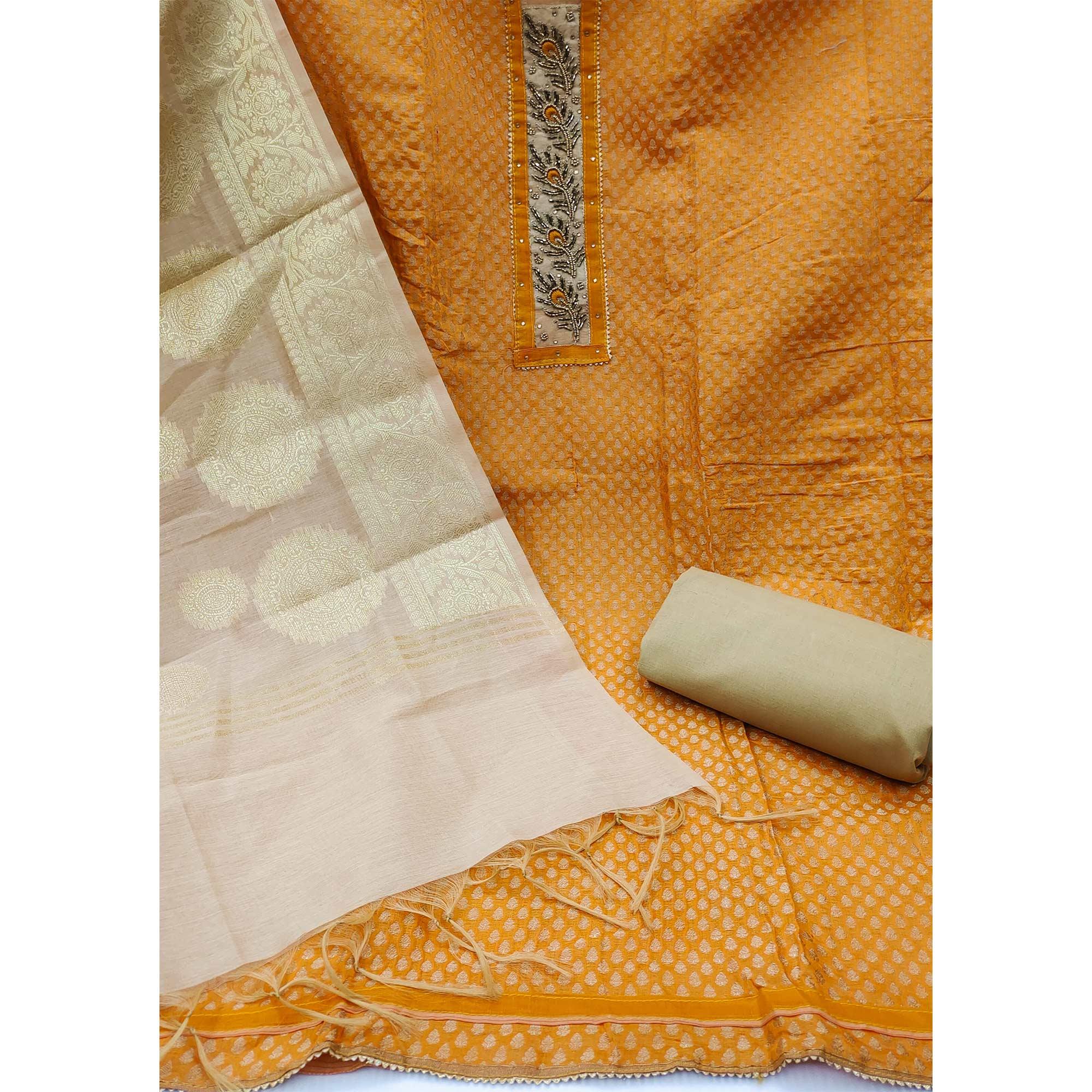 Mustard Festive Wear Embellished with Woven Chanderi Dress Material - Peachmode