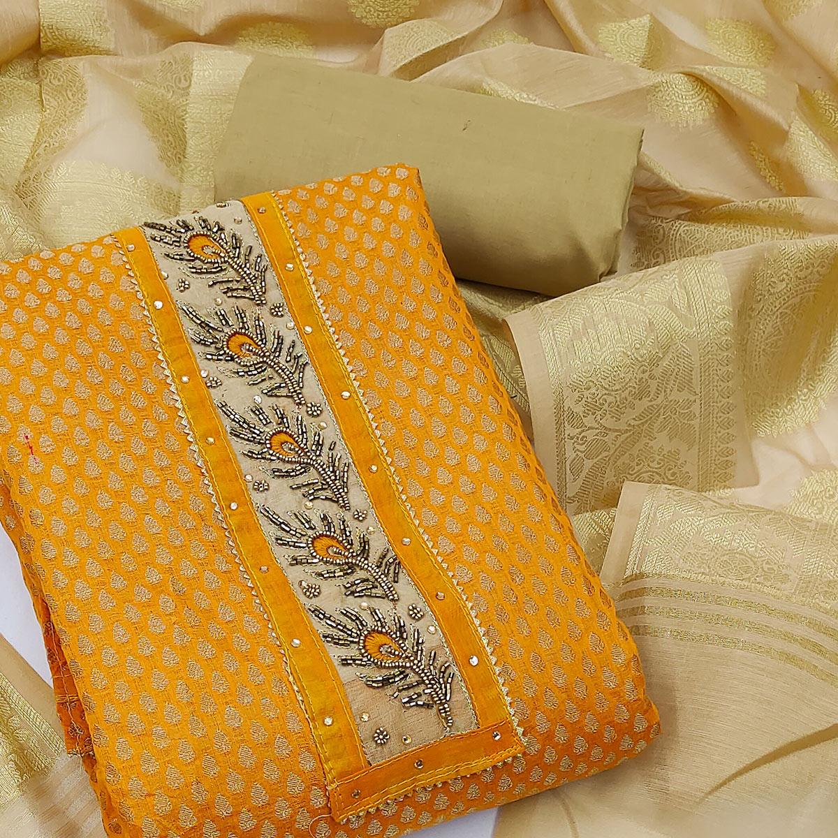 Mustard Festive Wear Embellished with Woven Chanderi Dress Material - Peachmode