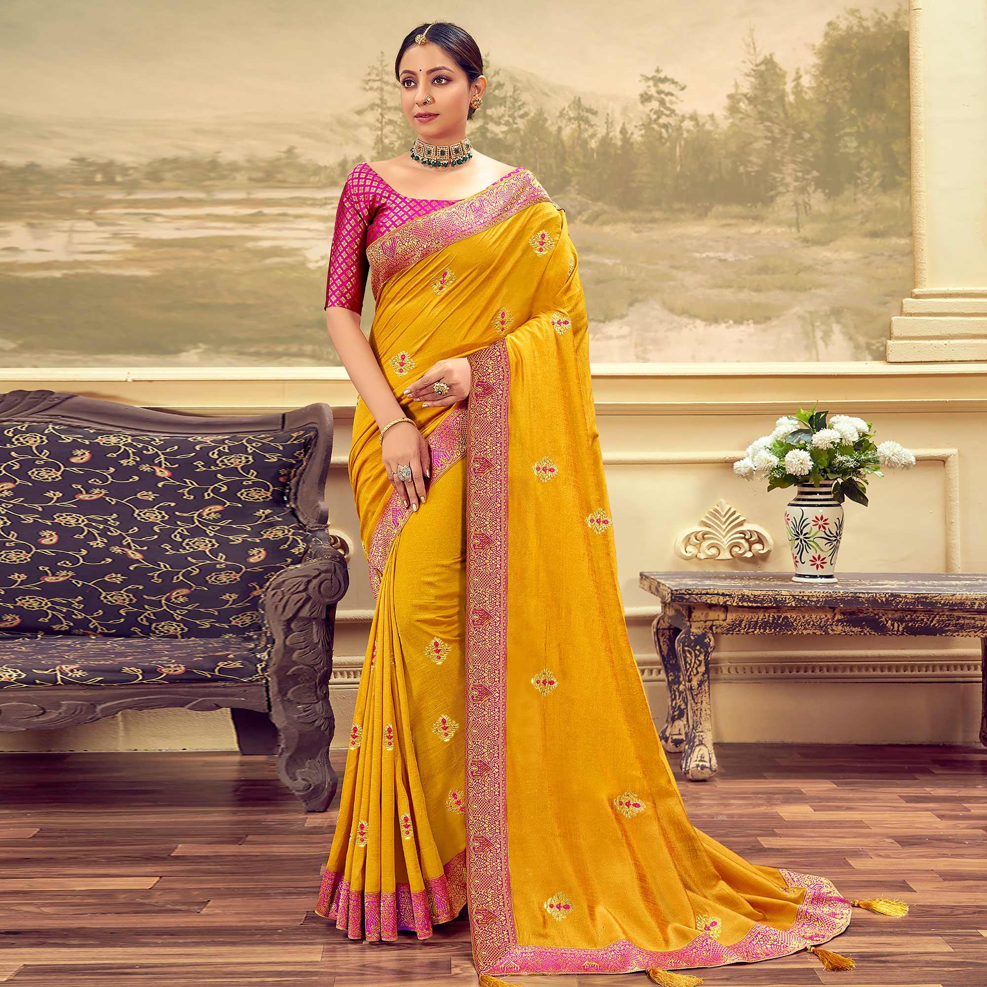 Mustard Festive Wear Embroidered & Swarovski Silk Saree - Peachmode