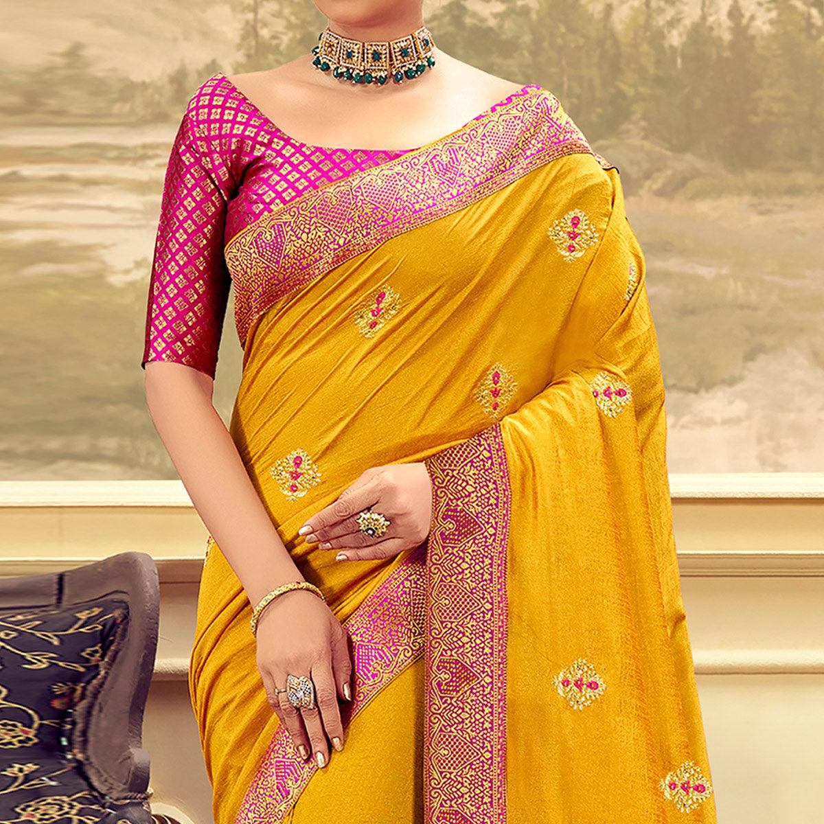 Mustard Festive Wear Embroidered & Swarovski Silk Saree - Peachmode
