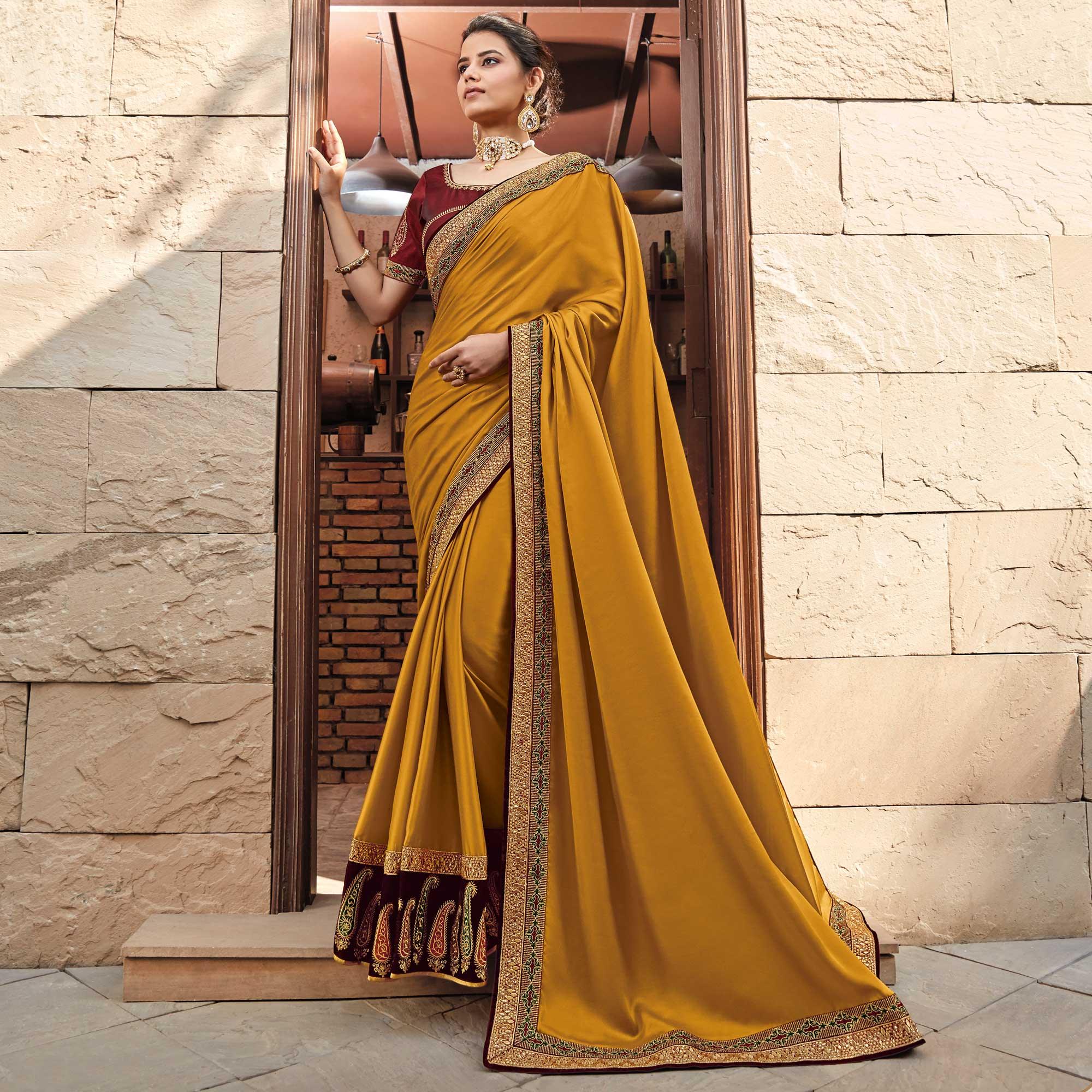 Mustard Festive Wear Embroidered Art Silk Saree - Peachmode