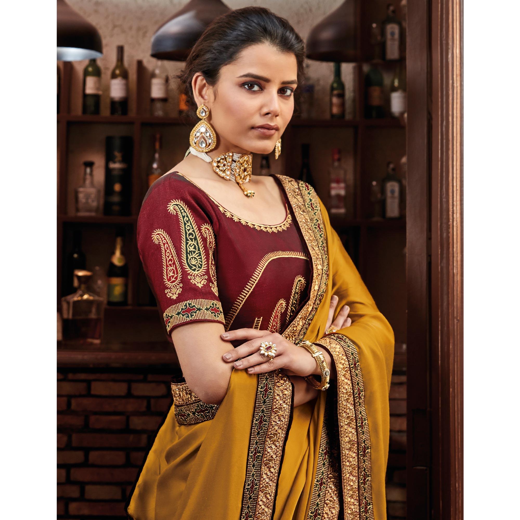 Mustard Festive Wear Embroidered Art Silk Saree - Peachmode