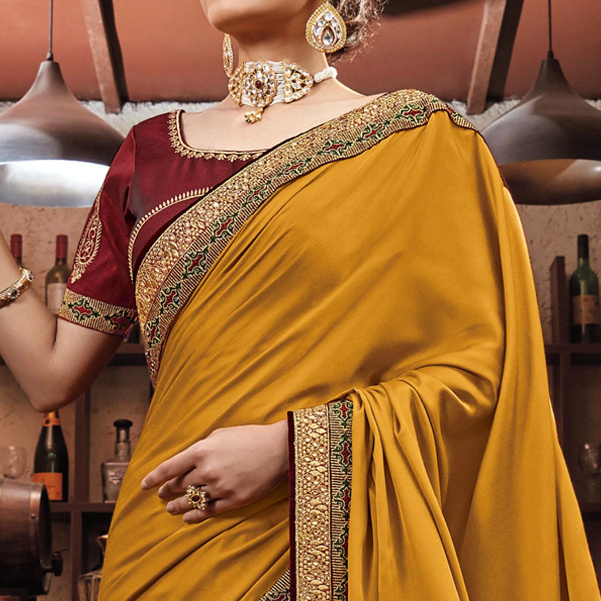 Mustard Festive Wear Embroidered Art Silk Saree - Peachmode