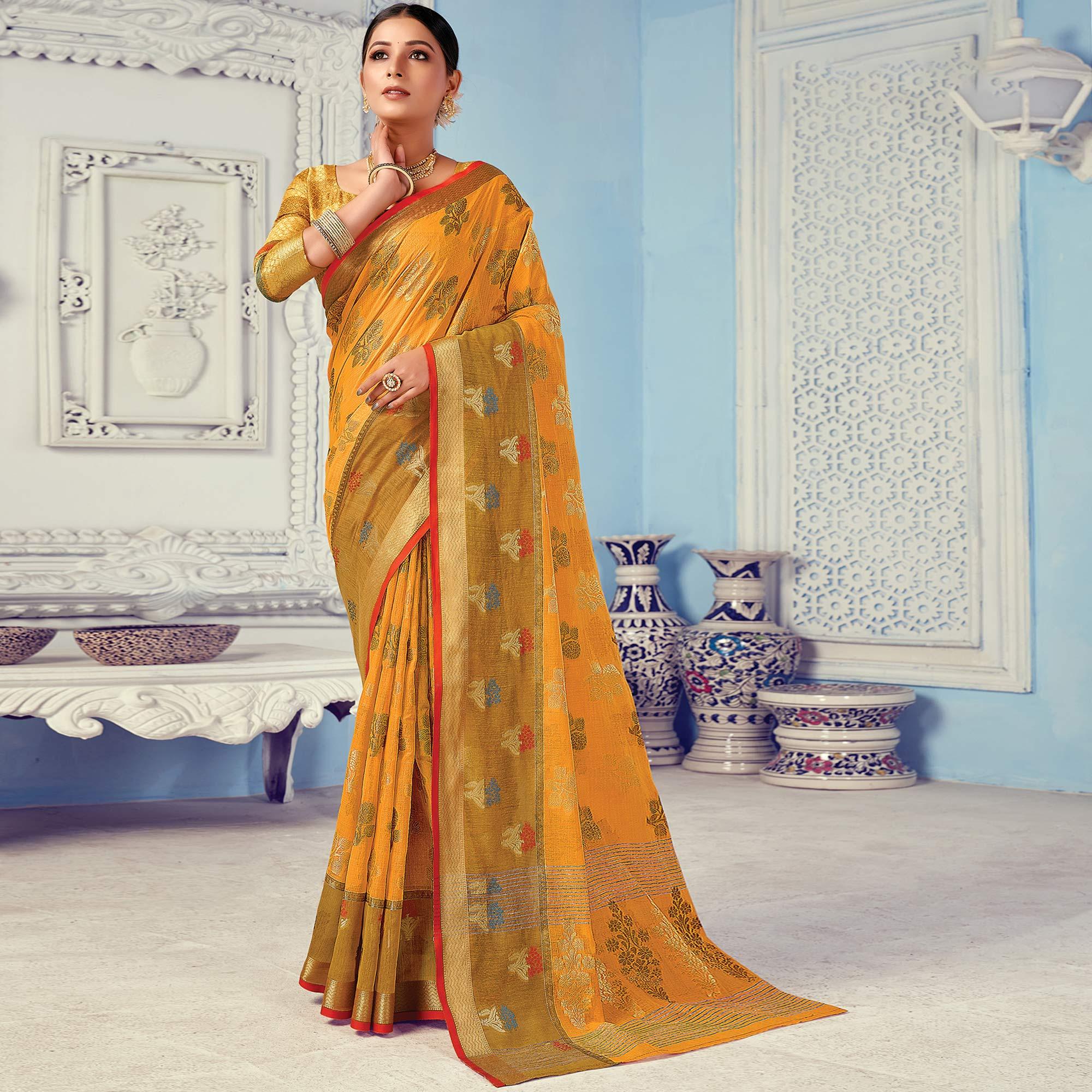 Mustard Festive Wear Embroidered Cotton Handloom Saree - Peachmode