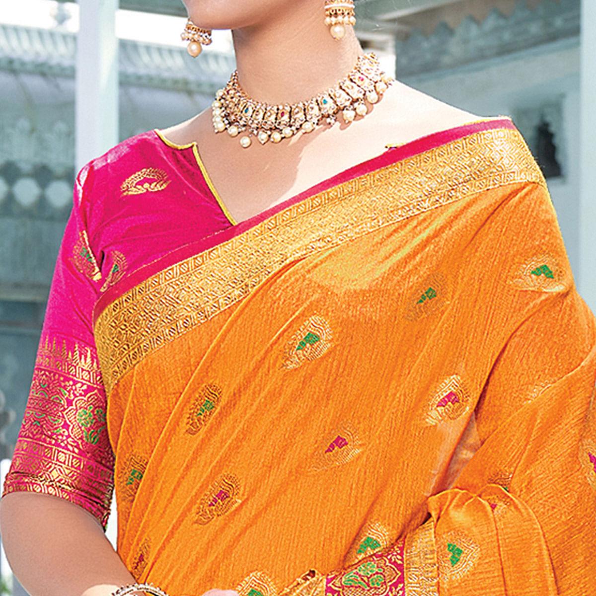 Mustard Festive Wear Embroidered Cotton Saree - Peachmode