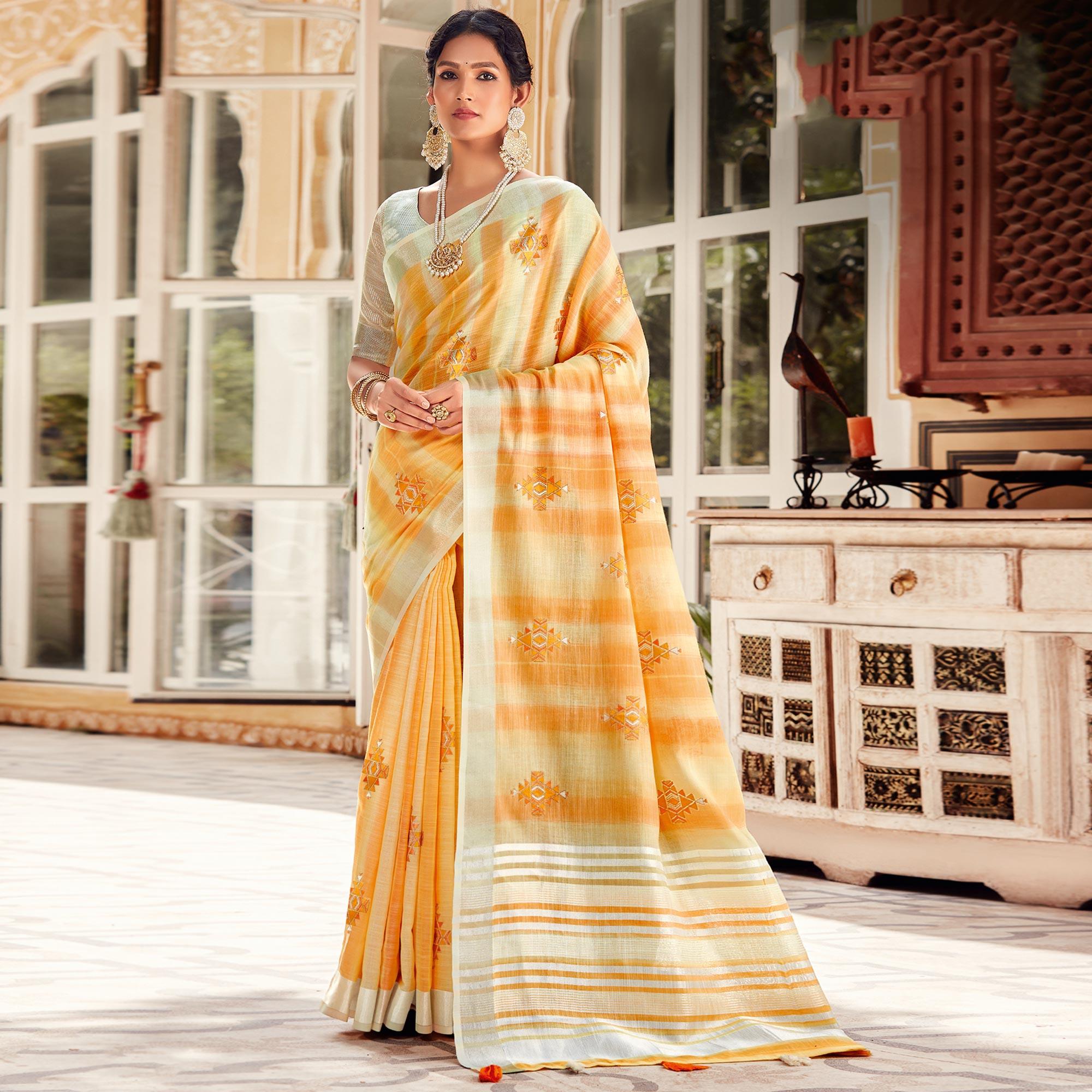 Mustard Festive Wear Embroidered Linen Saree - Peachmode
