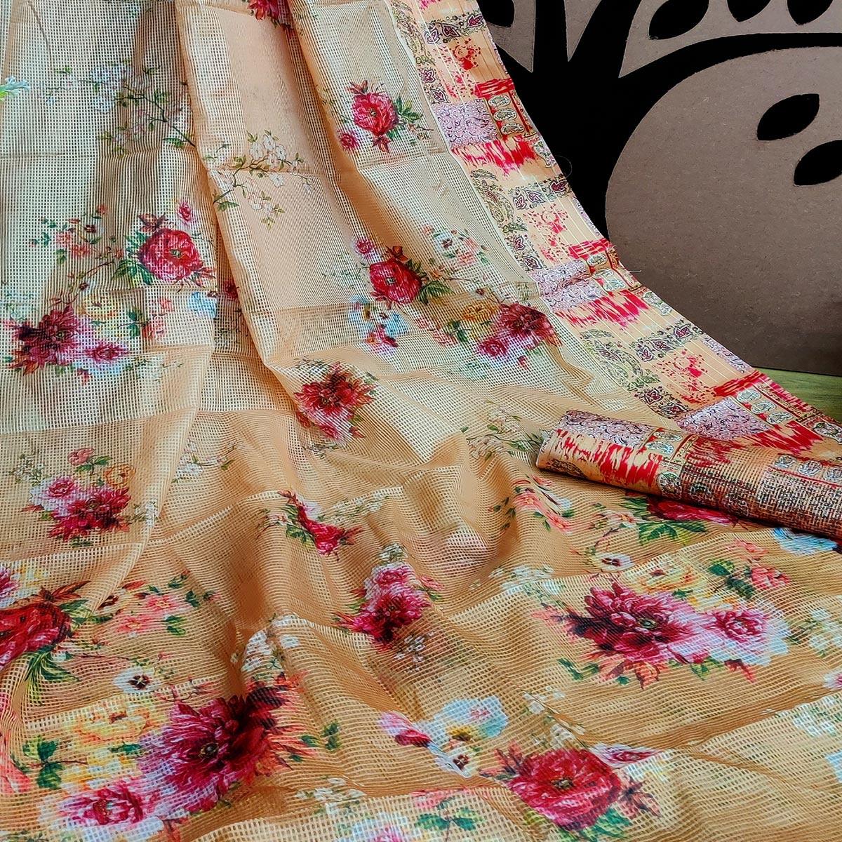 Mustard Festive Wear Floral Digital Print With Woven Border Silk Saree - Peachmode