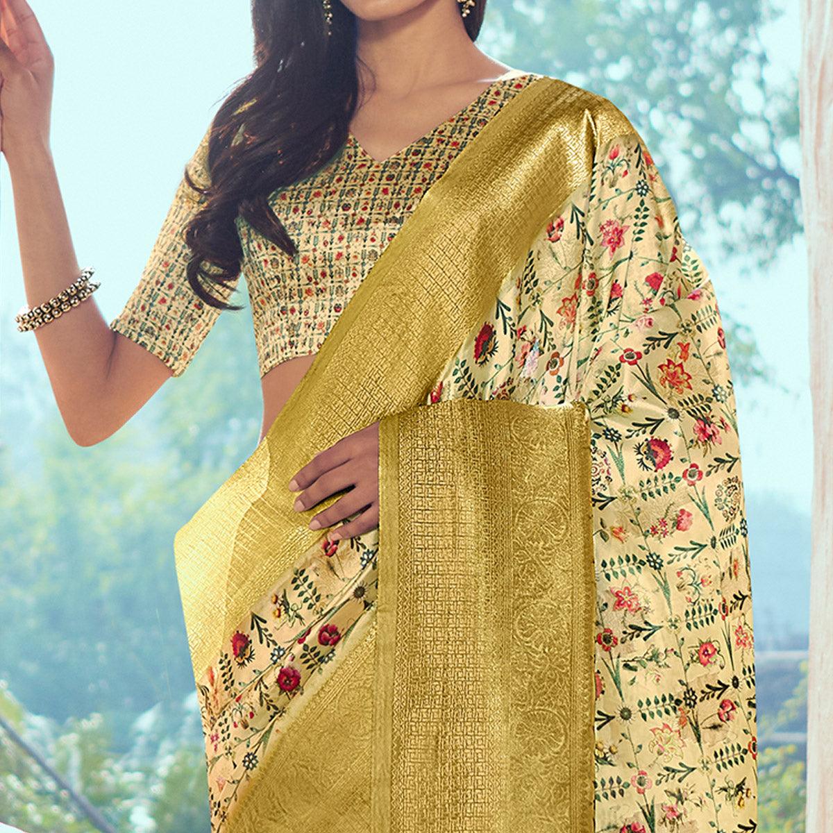 Mustard Festive Wear Floral Digital Printed Woven Silk Saree - Peachmode
