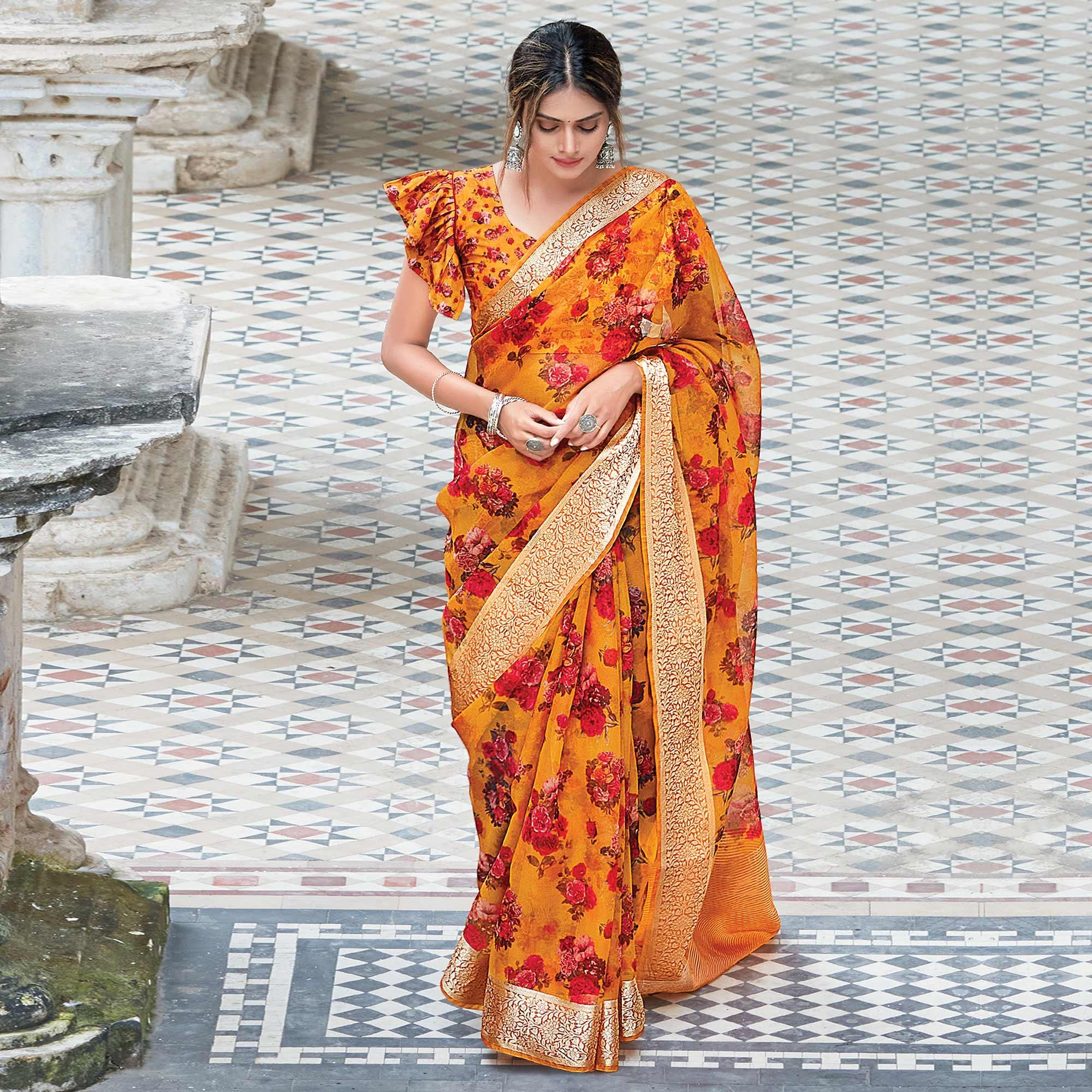 Mustard Festive Wear Floral Printed Organza Saree - Peachmode