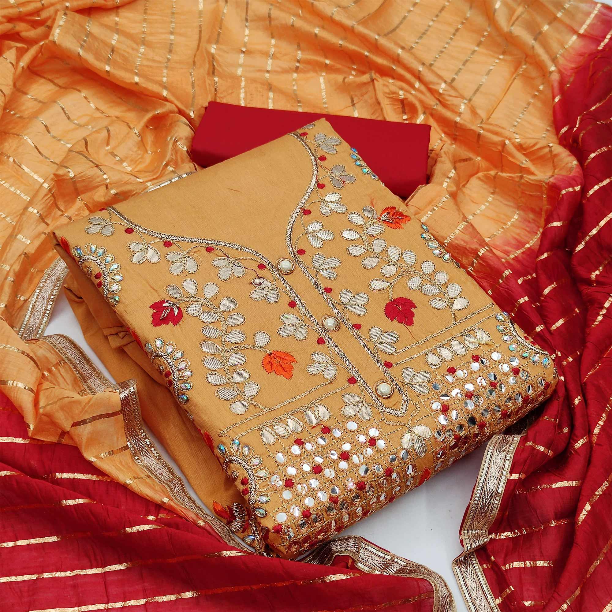 Mustard Festive Wear Gotta Plus Handwork Cotton Dress Material - Peachmode