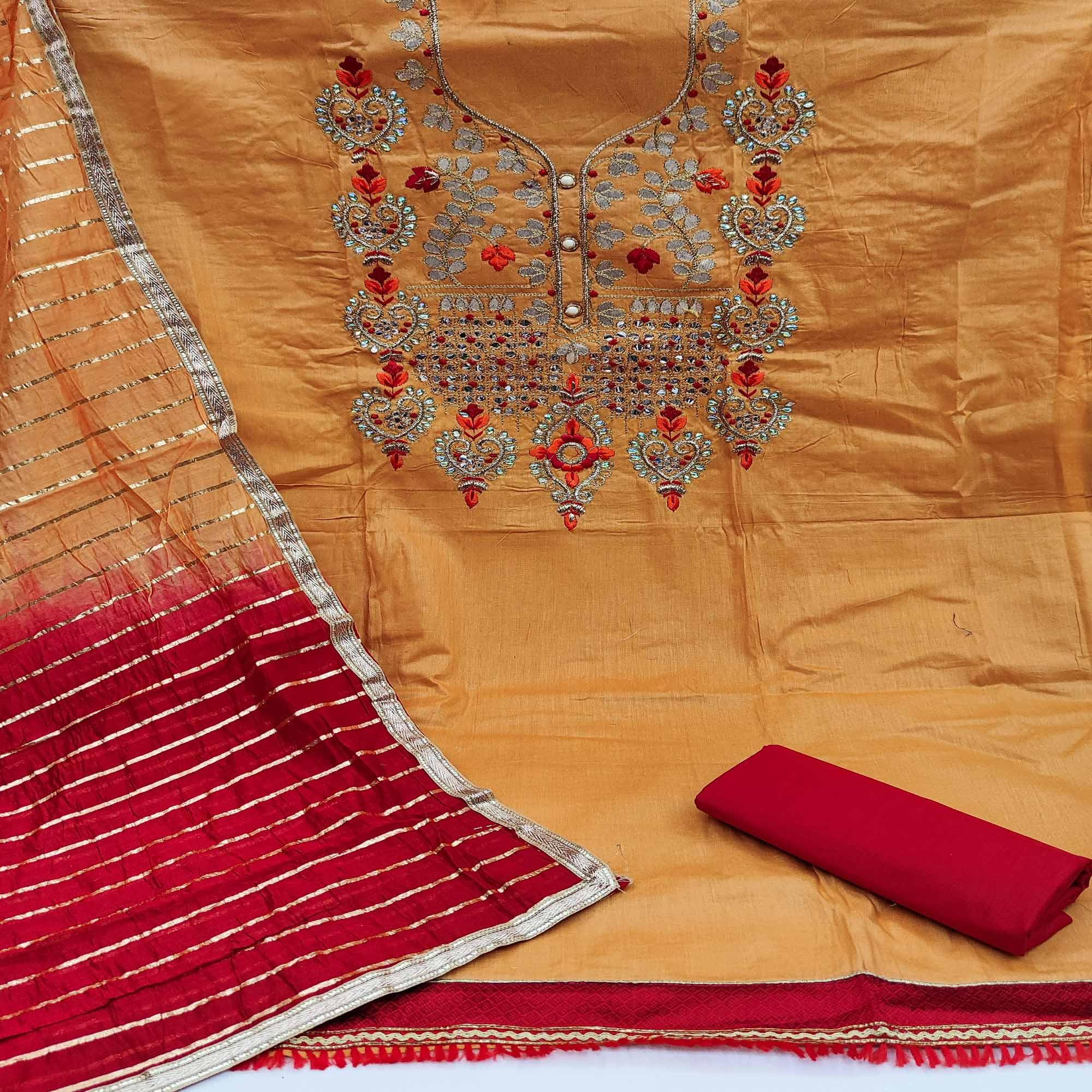 Mustard Festive Wear Gotta Plus Handwork Cotton Dress Material - Peachmode