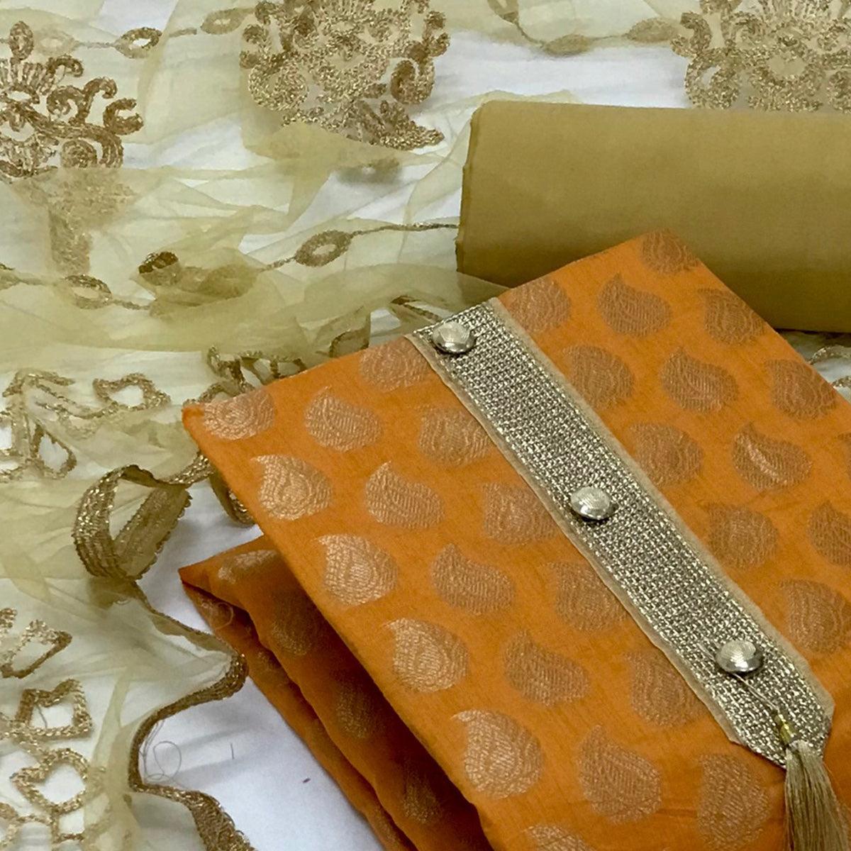 Mustard Festive Wear Jacquard Banarasi Silk Dress Material - Peachmode