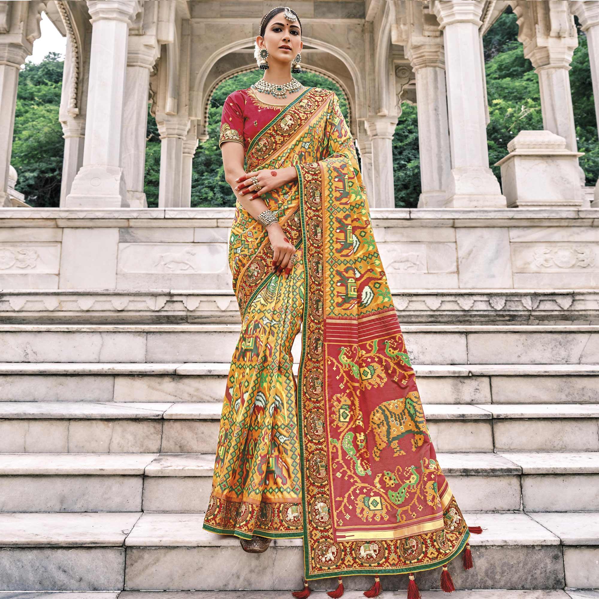 Mustard Festive Wear Plain & Hand Work Pure Silk Saree - Peachmode