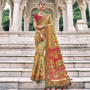 Mustard Festive Wear Plain & Hand Work Pure Silk Saree - Peachmode