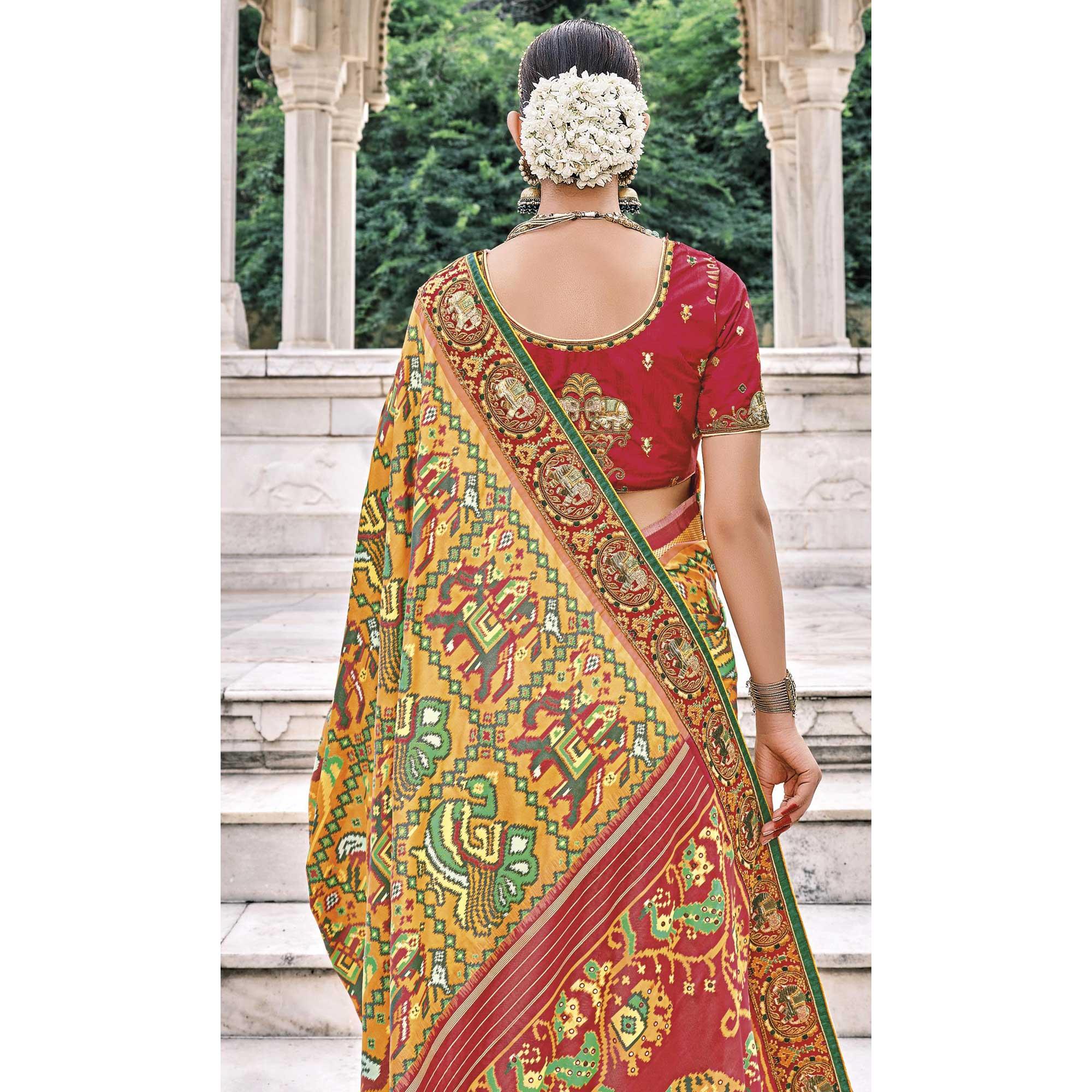 Mustard Festive Wear Plain & Hand Work Pure Silk Saree - Peachmode