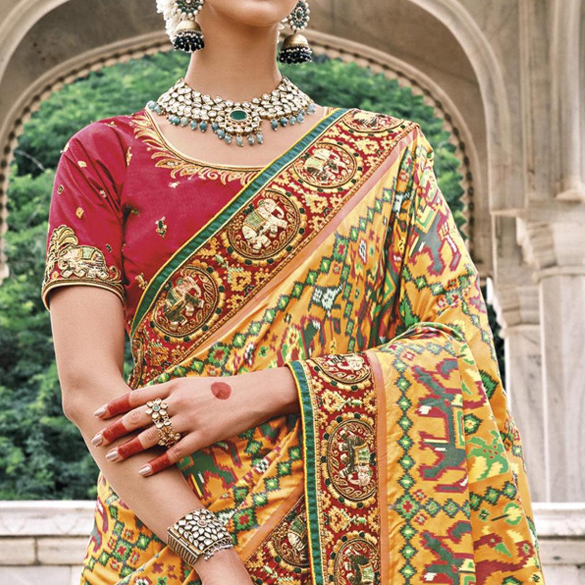 Mustard Festive Wear Plain & Hand Work Pure Silk Saree - Peachmode