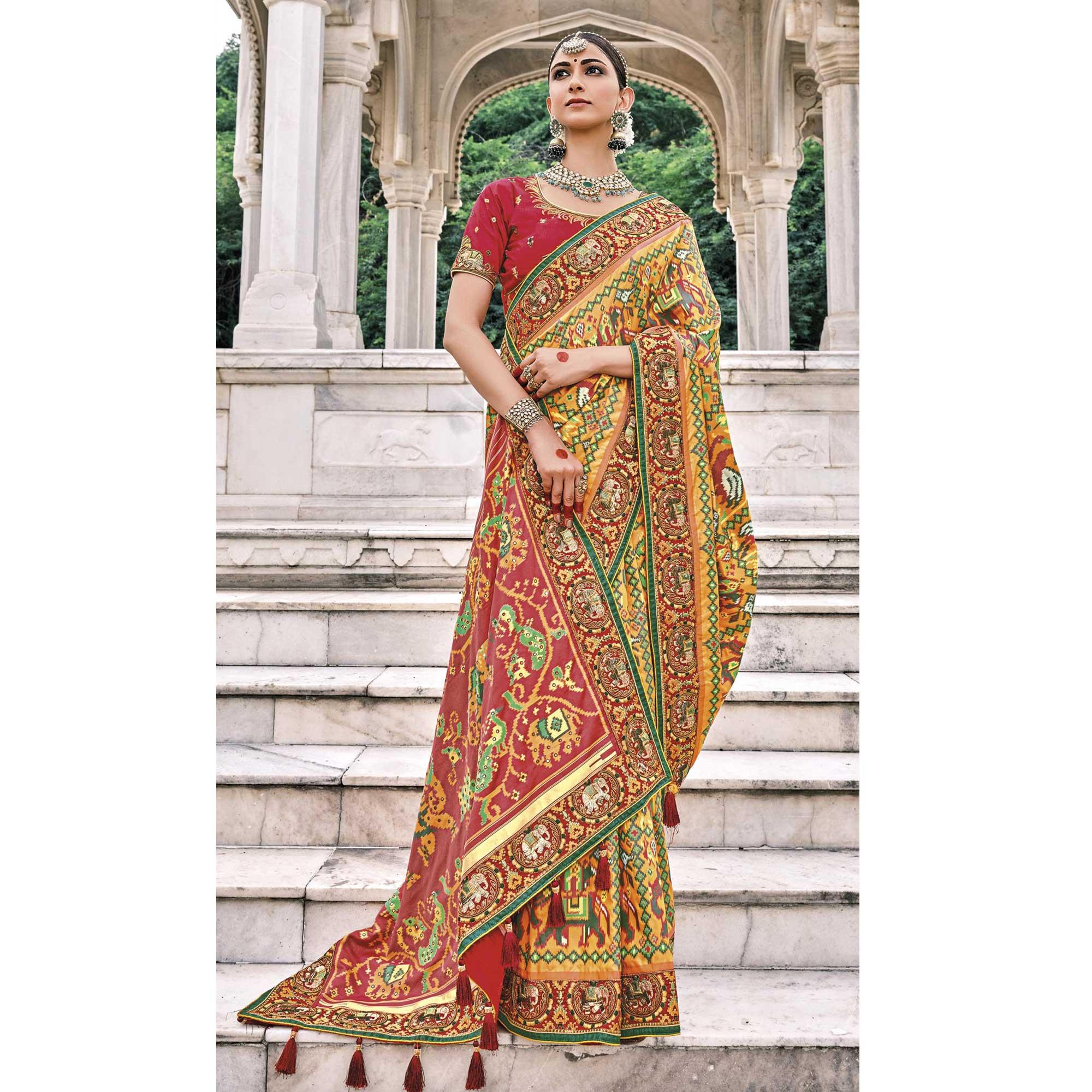 Mustard Festive Wear Plain & Hand Work Pure Silk Saree - Peachmode