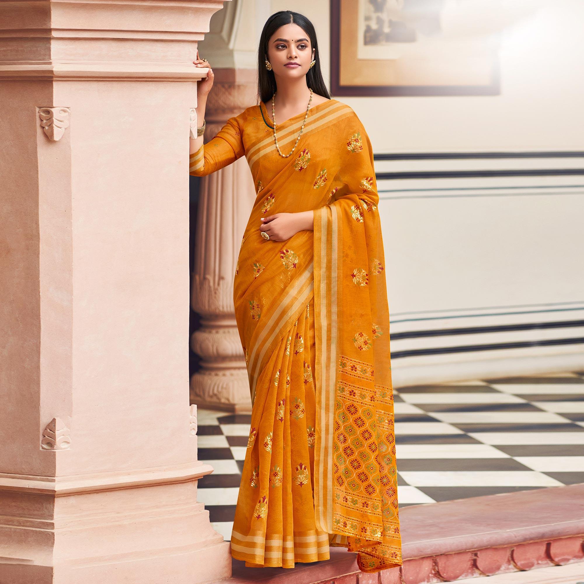 Mustard Festive Wear Printed Chanderi Silk Saree - Peachmode