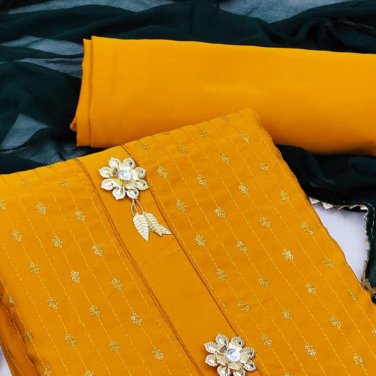 Mustard Festive Wear Sequence Work Cotton Dress Material - Peachmode