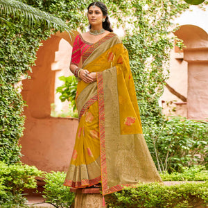 Mustard Festive Wear Woven & Embroidered Organza Saree - Peachmode