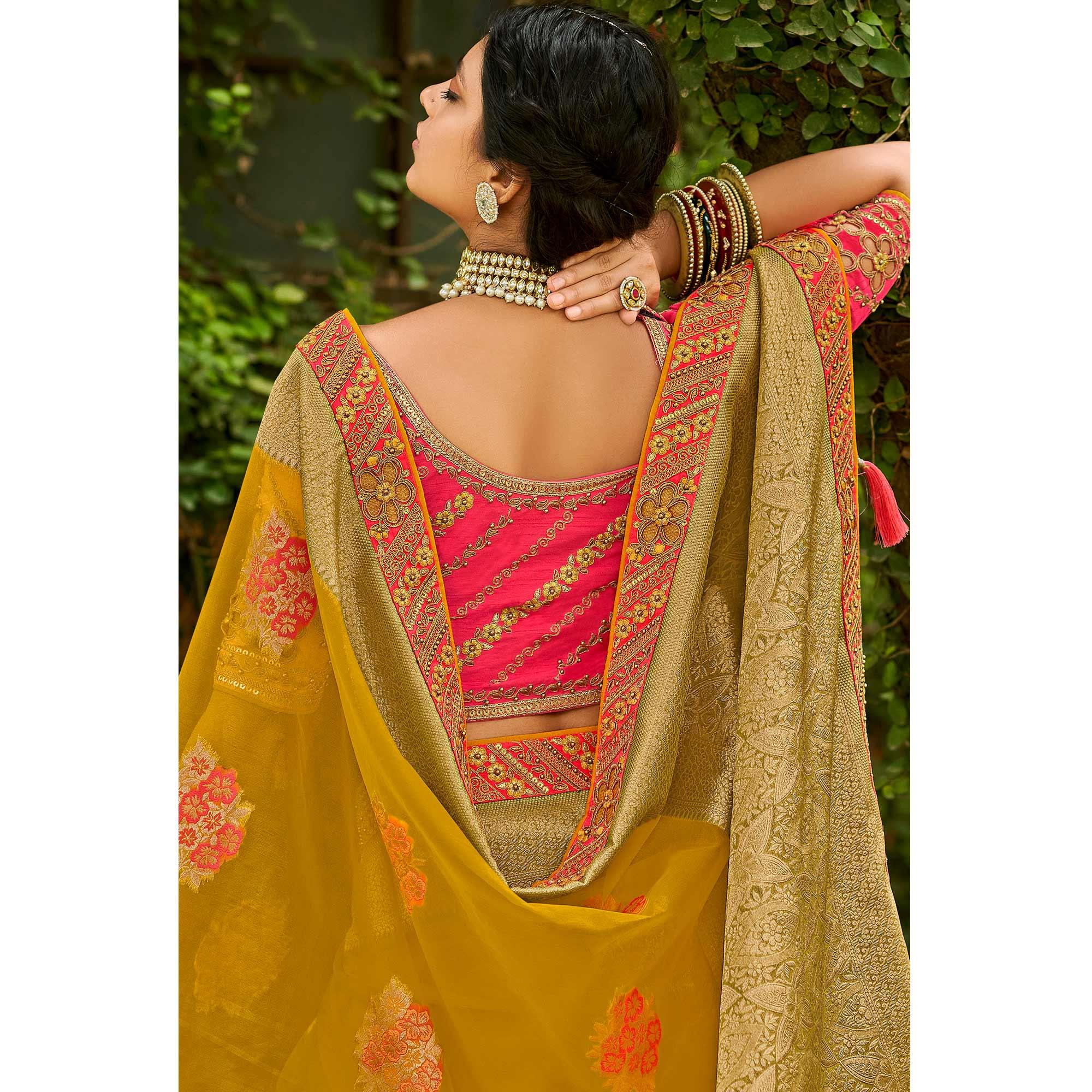 Mustard Festive Wear Woven & Embroidered Organza Saree - Peachmode