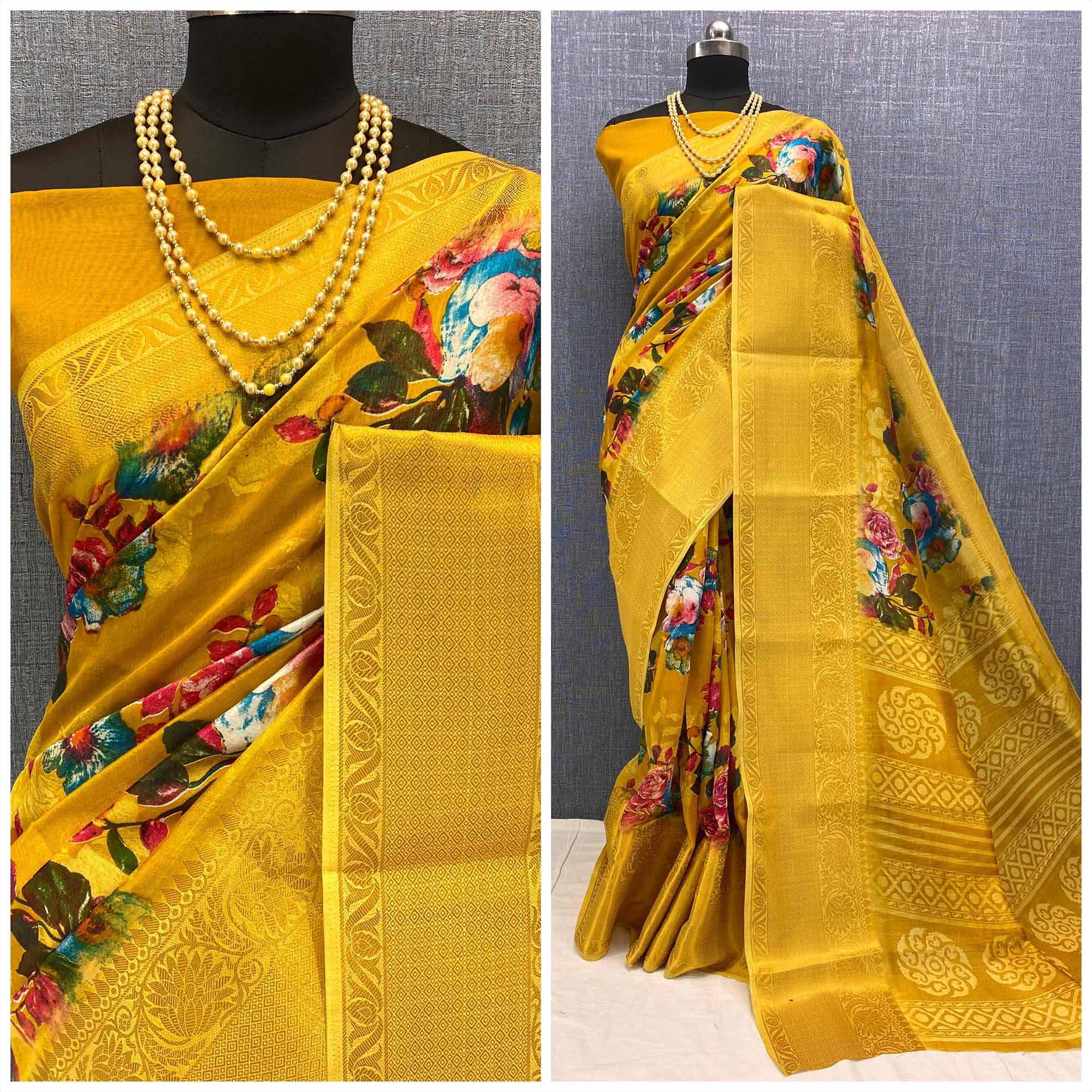 Mustard Festive Wear Woven & Printed Chanderi Silk Saree - Peachmode