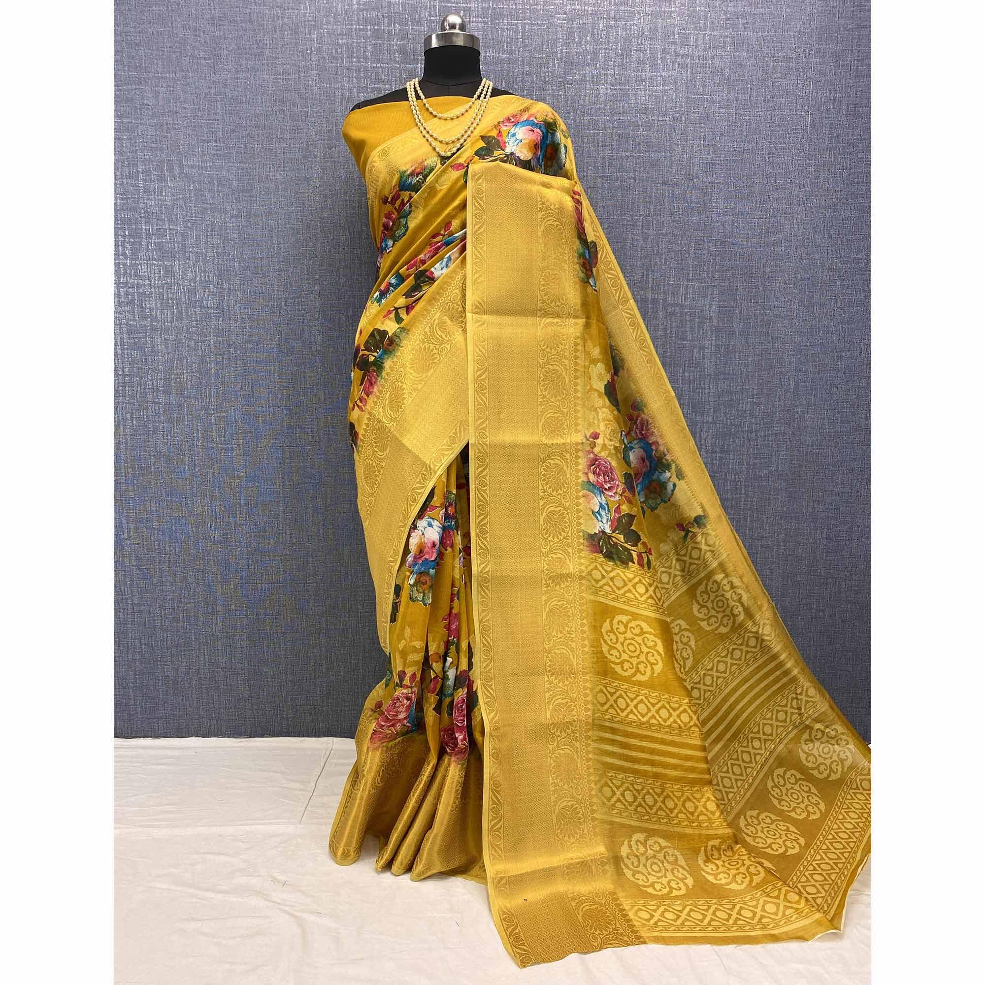Mustard Festive Wear Woven & Printed Chanderi Silk Saree - Peachmode