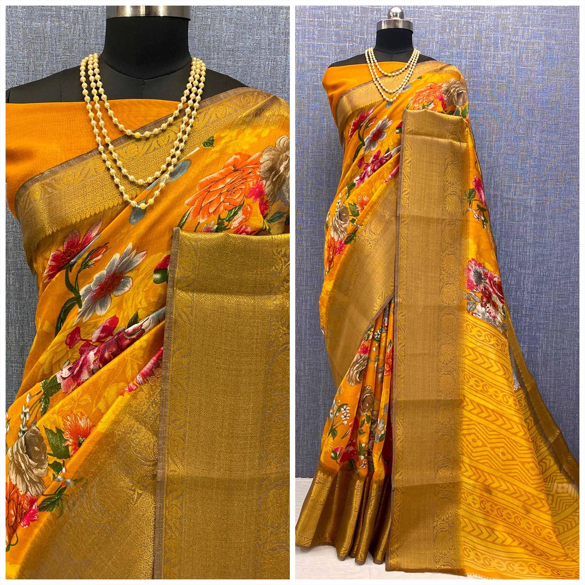 Mustard Festive Wear Woven & Printed Chanderi Silk Saree - Peachmode