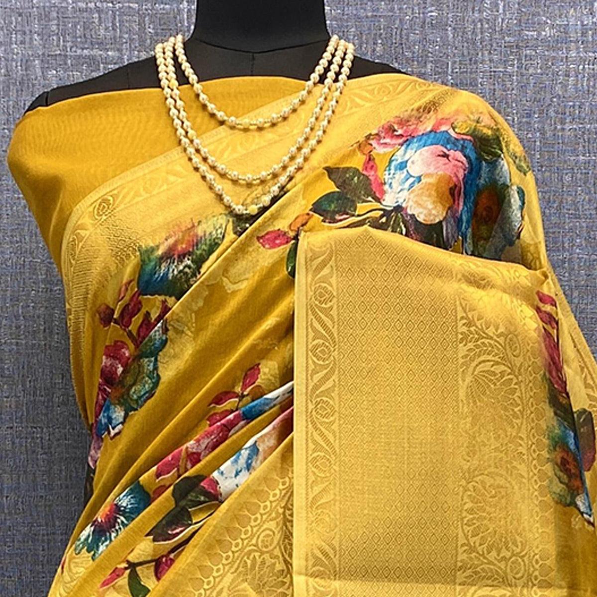 Mustard Festive Wear Woven & Printed Chanderi Silk Saree - Peachmode
