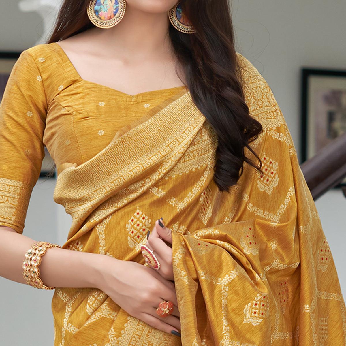 Mustard Festive Wear Woven Banarasi Art Silk Saree - Peachmode