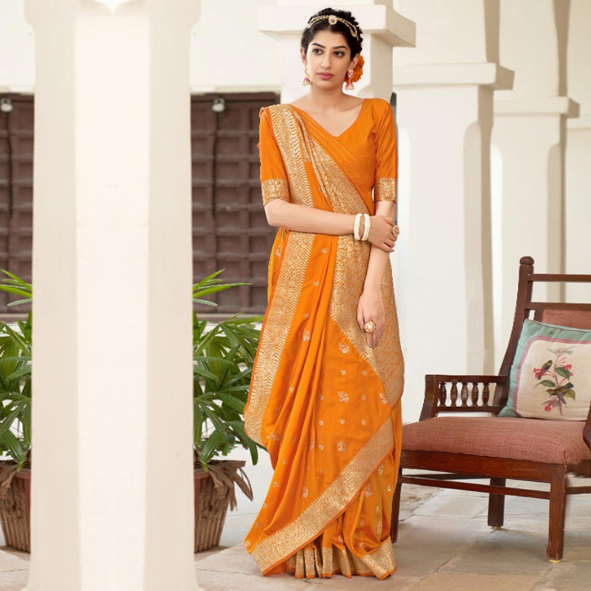 Mustard Festive Wear Woven Banarasi Silk Saree - Peachmode