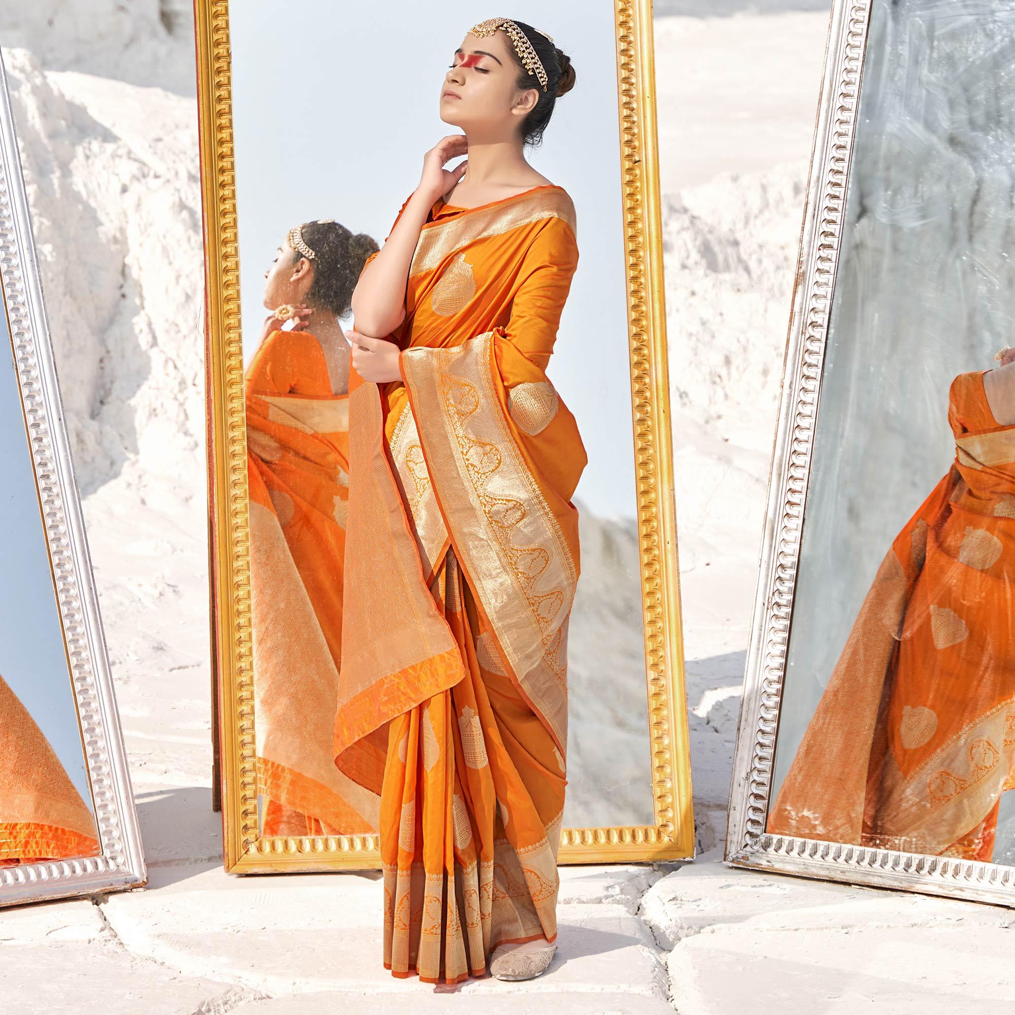 Mustard Festive Wear Woven Banarasi Silk Saree - Peachmode