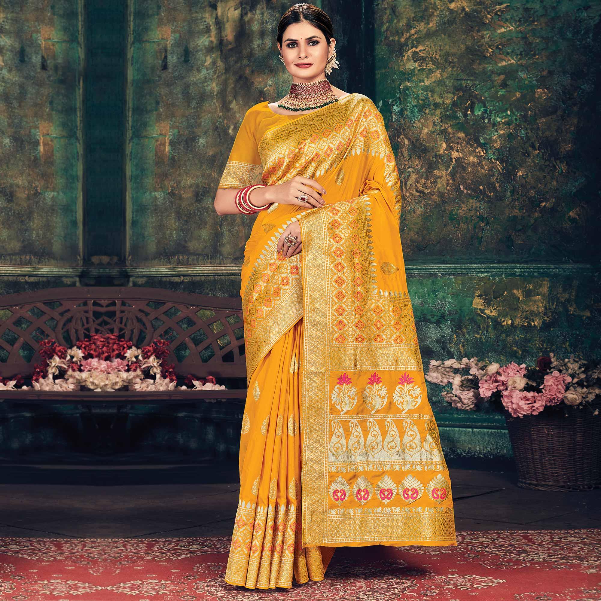 Mustard Festive Wear Woven Banarasi Silk Saree - Peachmode