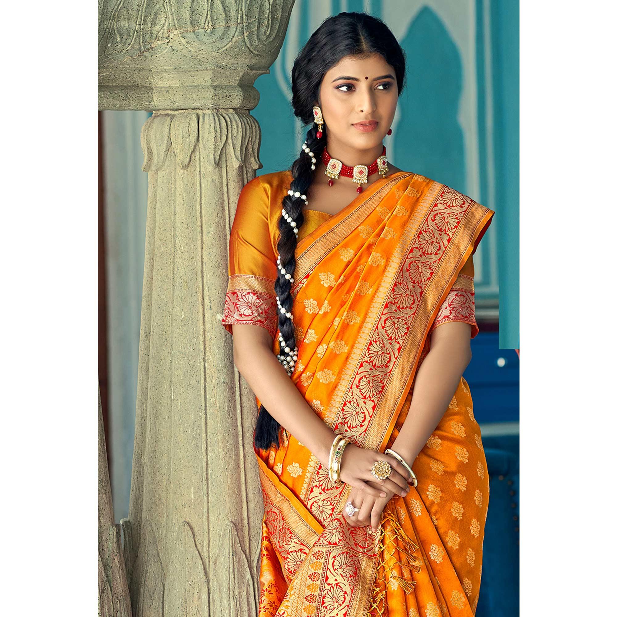 Mustard Festive Wear Woven Banarasi Silk Saree - Peachmode
