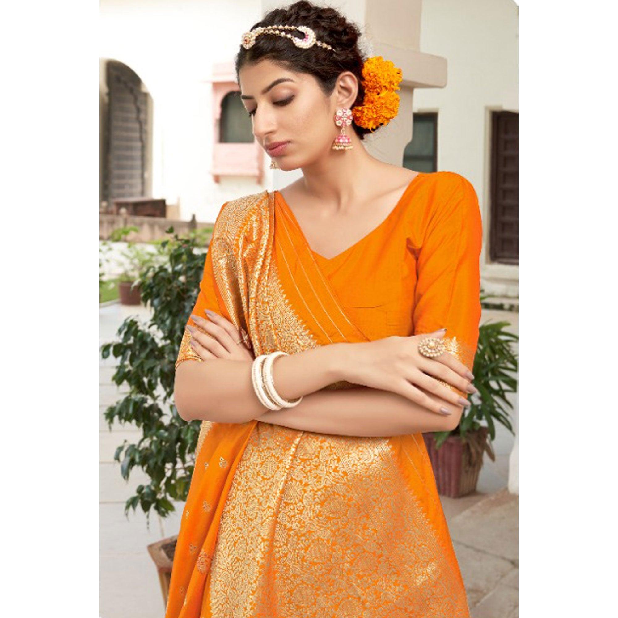 Mustard Festive Wear Woven Banarasi Silk Saree - Peachmode