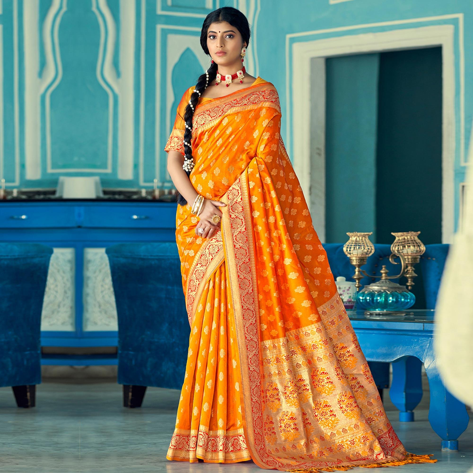 Mustard Festive Wear Woven Banarasi Silk Saree - Peachmode