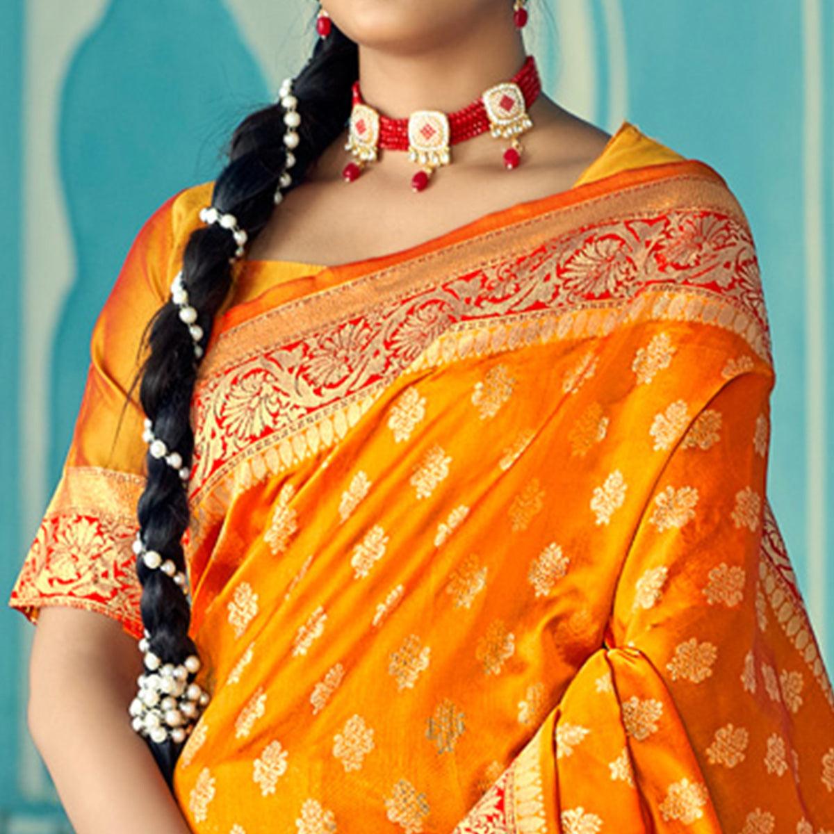 Mustard Festive Wear Woven Banarasi Silk Saree - Peachmode