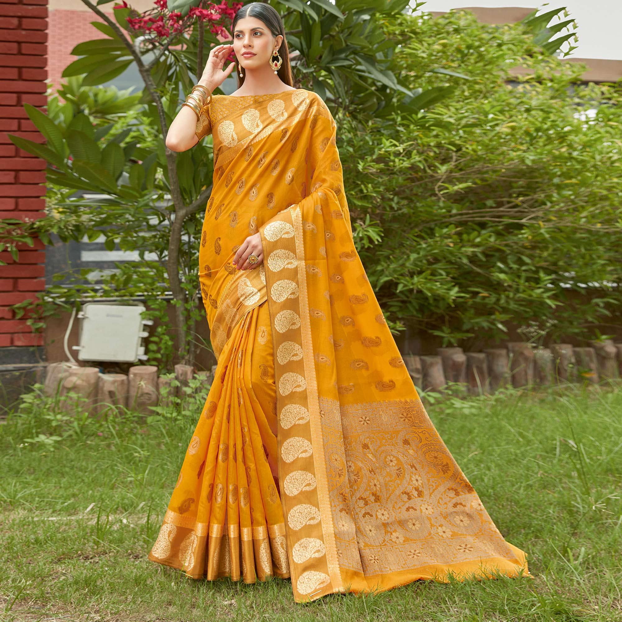 Mustard Festive Wear Woven Cotton Handloom Saree - Peachmode