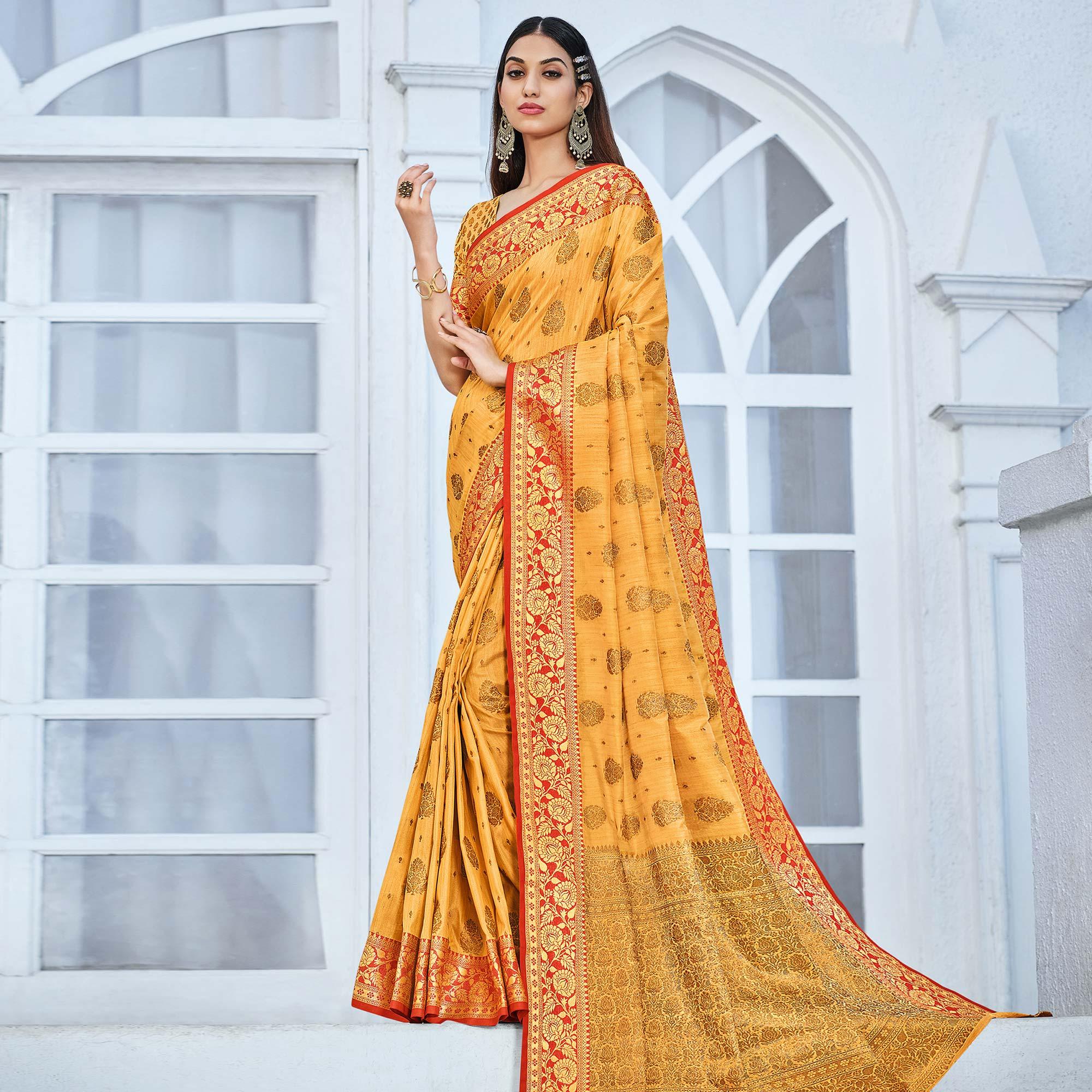 Mustard Festive Wear Woven Cotton Handloom Saree - Peachmode