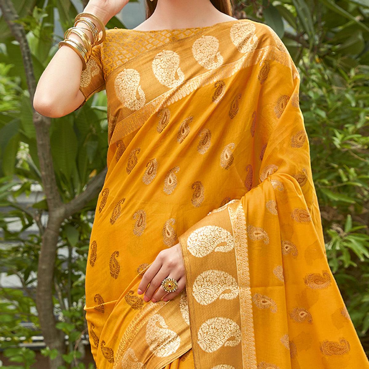 Mustard Festive Wear Woven Cotton Handloom Saree - Peachmode