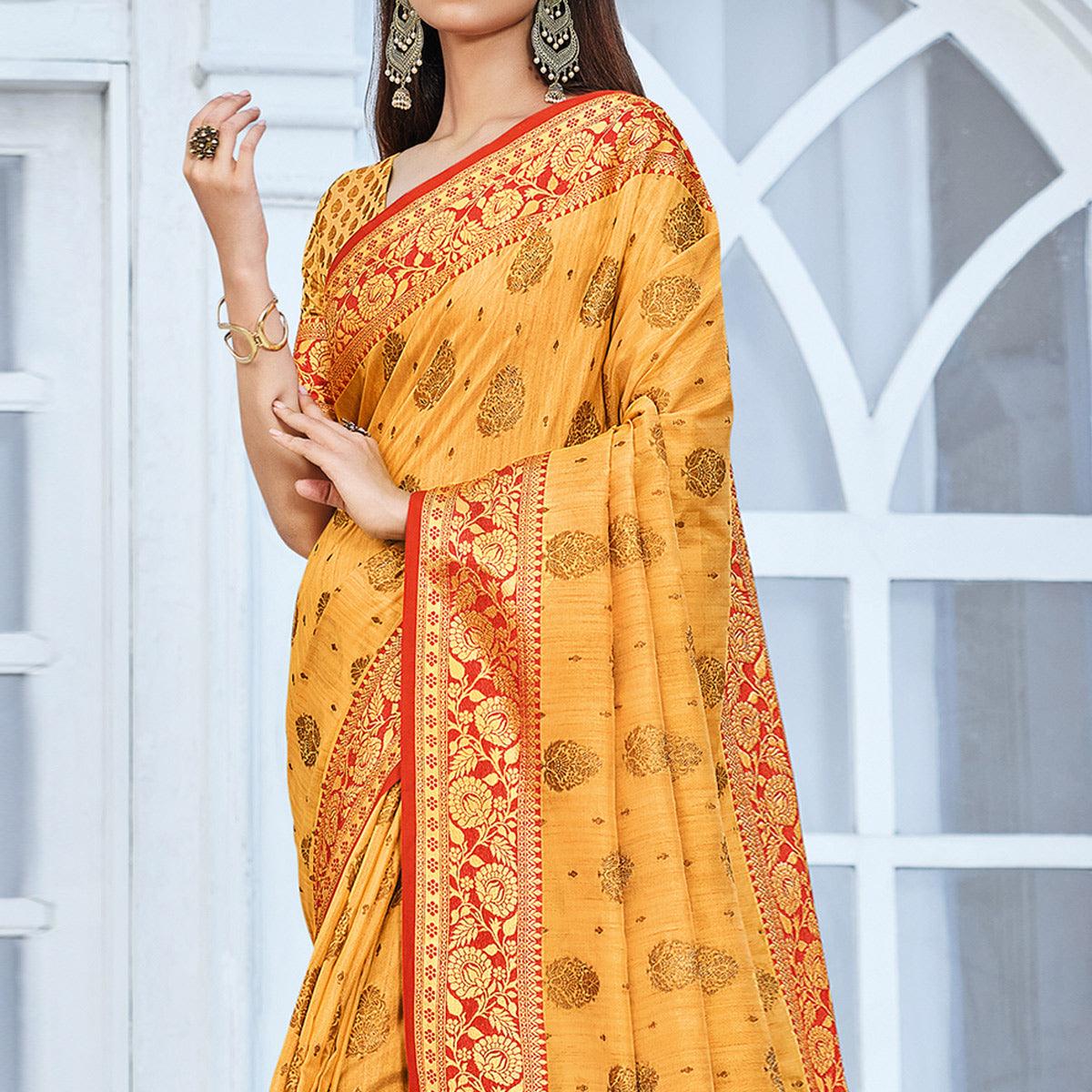Mustard Festive Wear Woven Cotton Handloom Saree - Peachmode