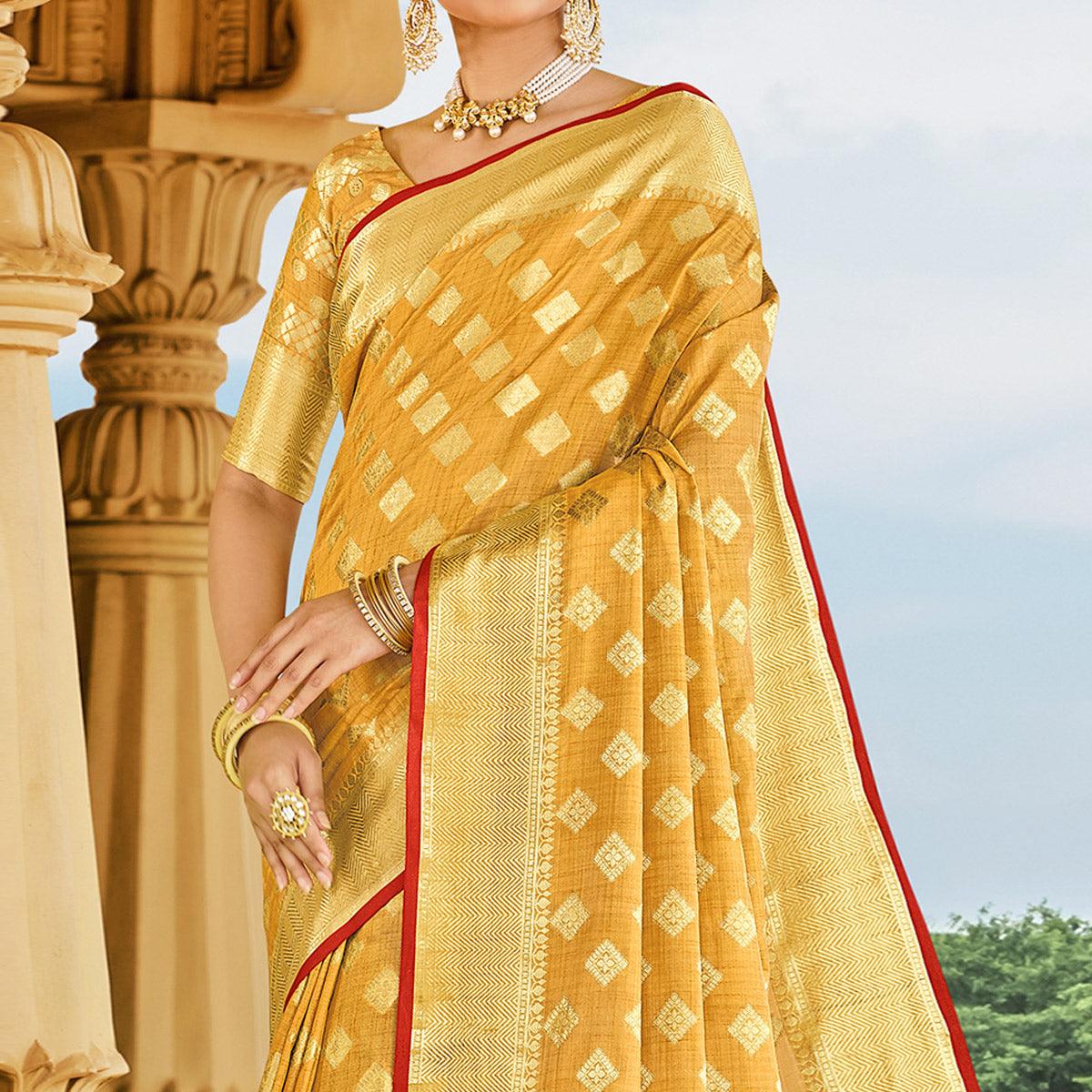Mustard Festive Wear Woven Cotton Handloom Saree - Peachmode