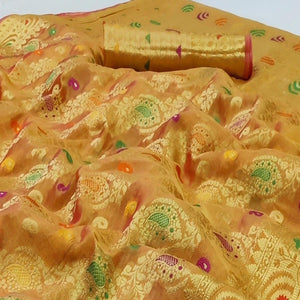 Mustard Festive Wear Woven Organza Saree - Peachmode