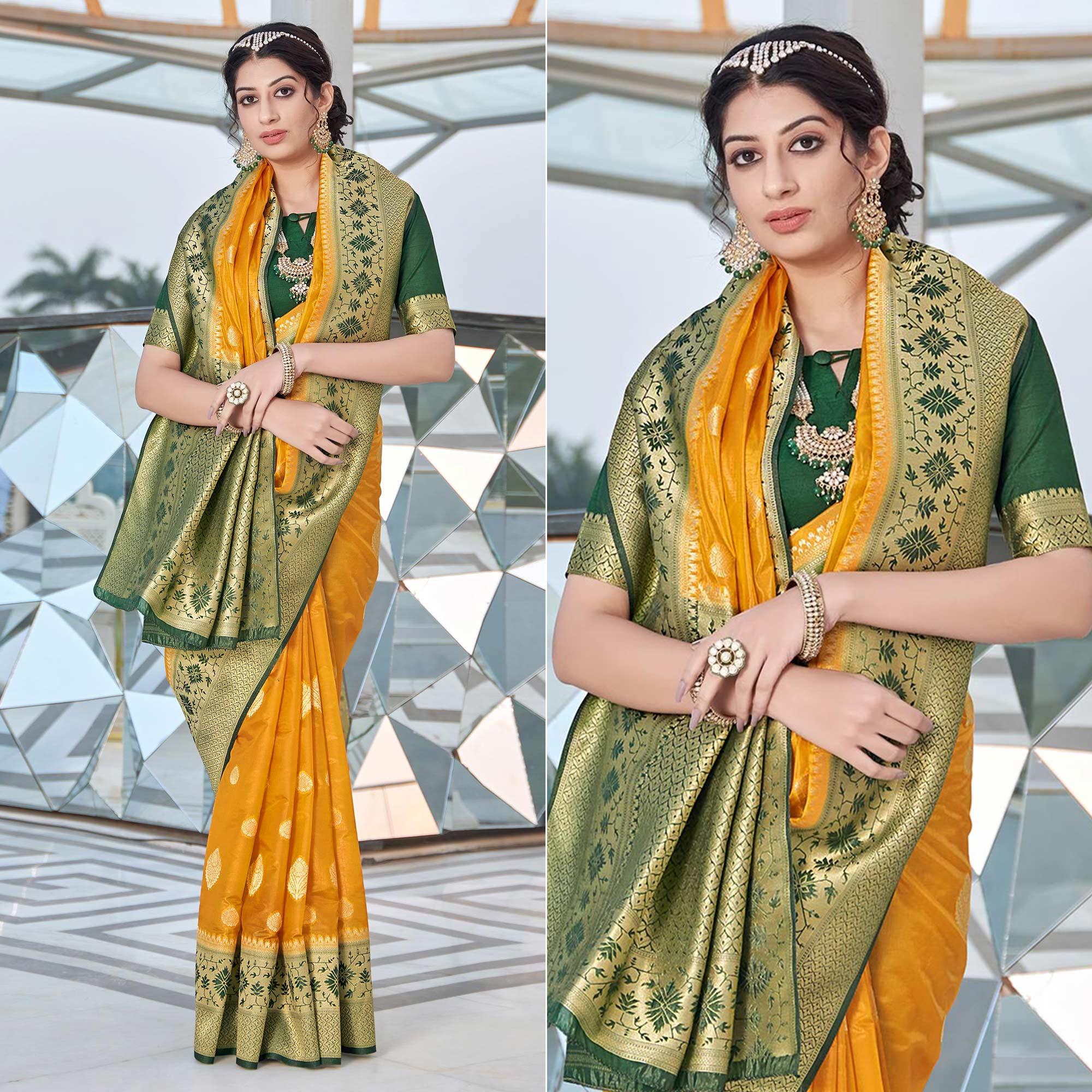 Mustard Festive Wear Woven Silk Organza Saree - Peachmode