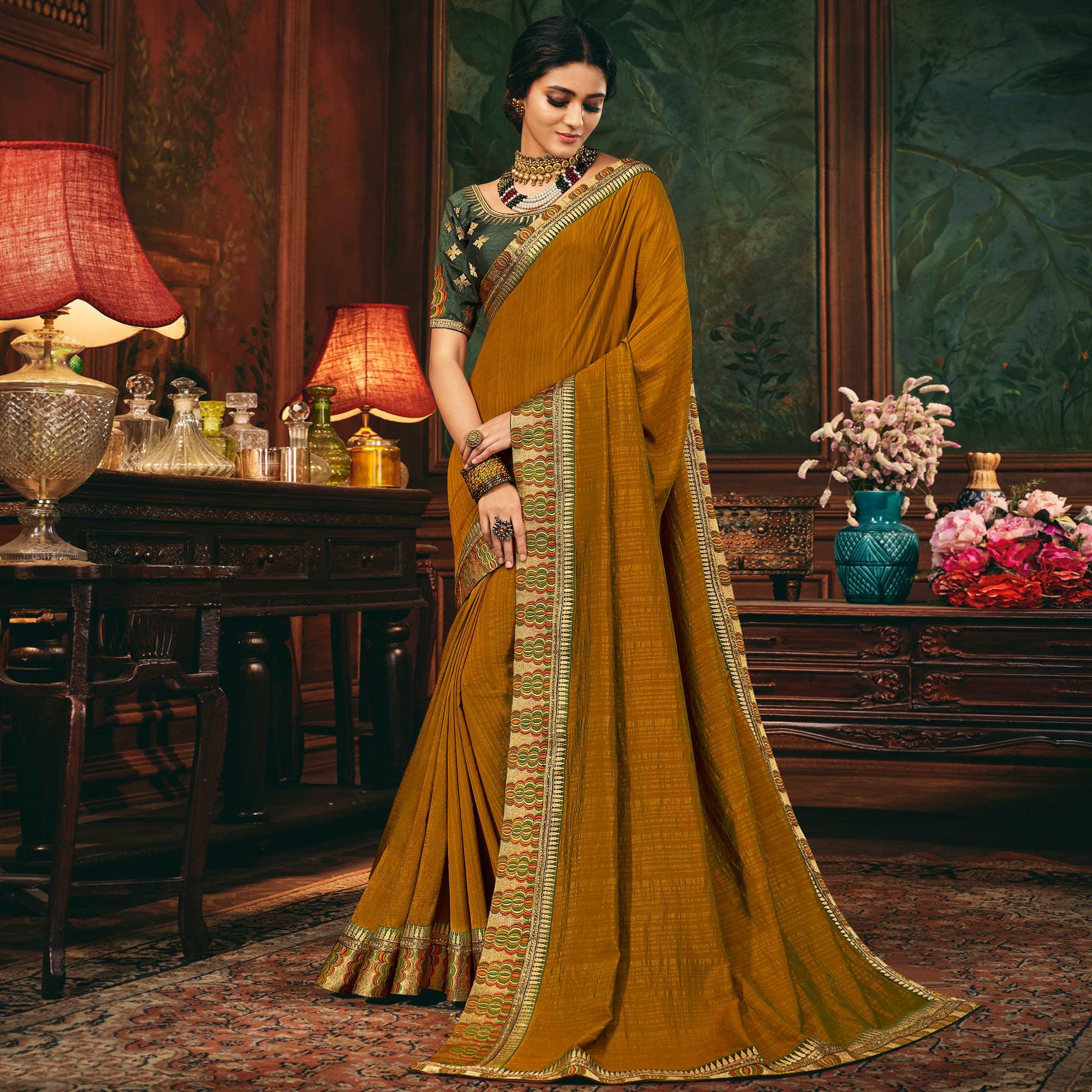 Mustard Festive Wear Woven Silk Saree - Peachmode
